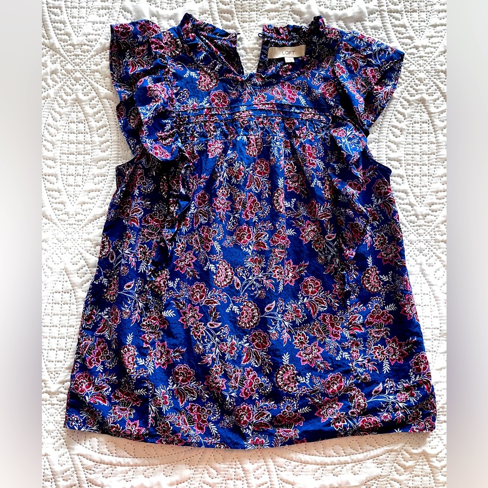 Floral Blue and Pink LOFT blouse 

Sleeveless with ruffled sleeves